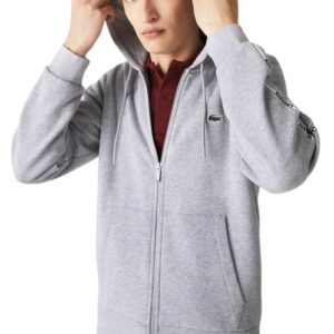 LACOSTE Sweatshirt zippé gris bandes à capuche