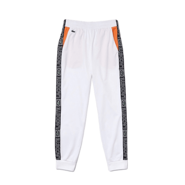 pantalon de survetement Lacoste sport à bandes siglées blanc sport aventure Orange