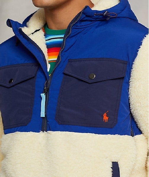 sweat polaire homme ralph lauren demi zippée à capuche creme bleu multicolore sport aventure à Orange