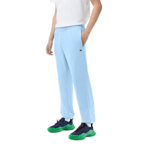 pantalon jogger Lacoste en coton bleu ciel et inscriptions sur la jambe