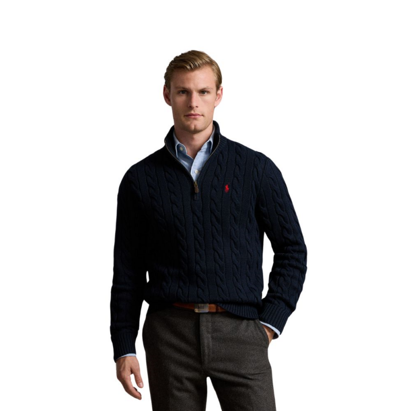 pull zippé torsadé Ralph lauren navy chez sport aventure à Orange