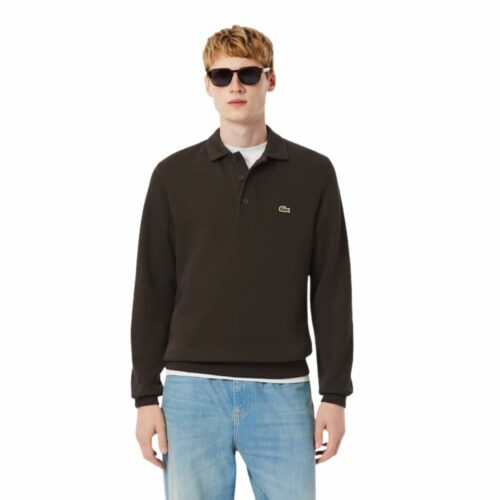 LACOSTE sweatshirt col polo marron côtelé