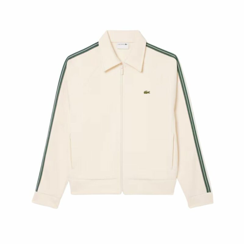 sweatshirt zippé Lacoste blanc écru à bandes chez Sport Aventure à Orange