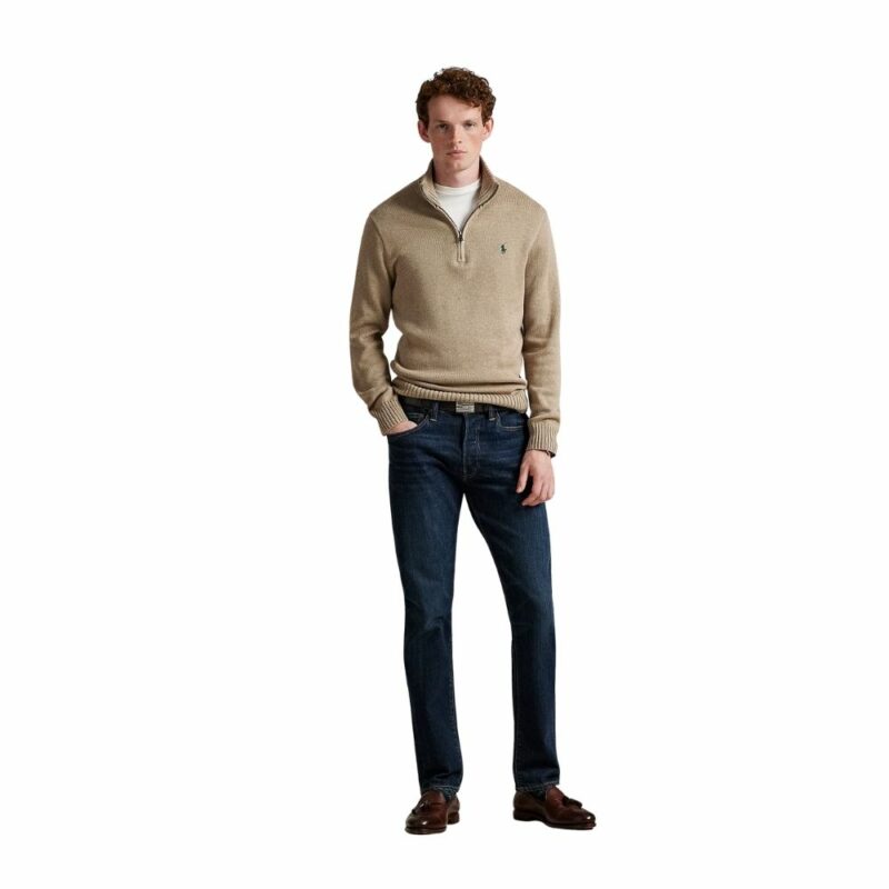 RALPH LAUREN pull en coton demi zip bronze camel