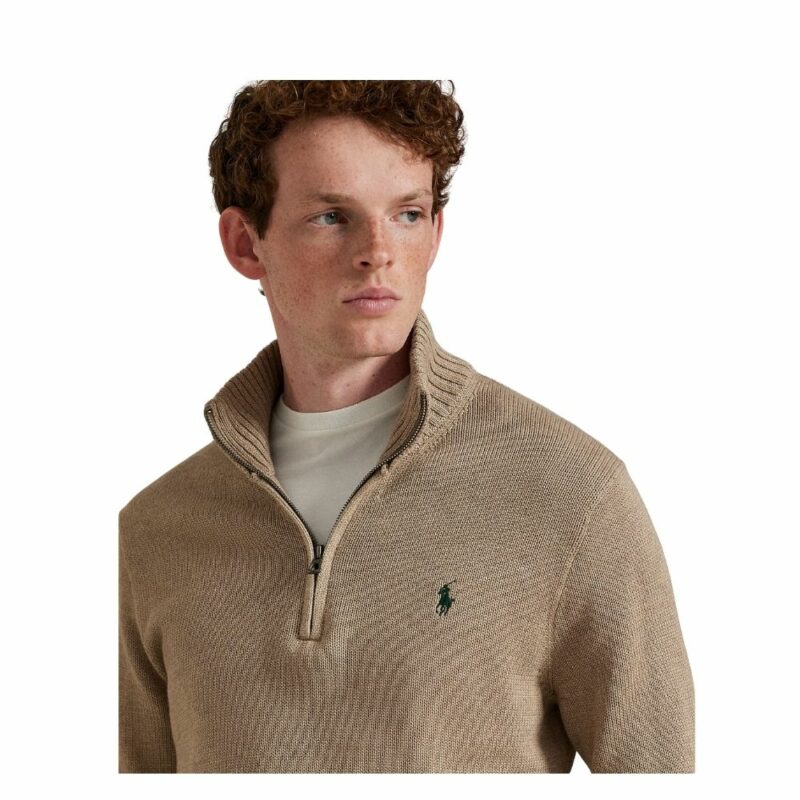RALPH LAUREN pull en coton demi zip bronze camel