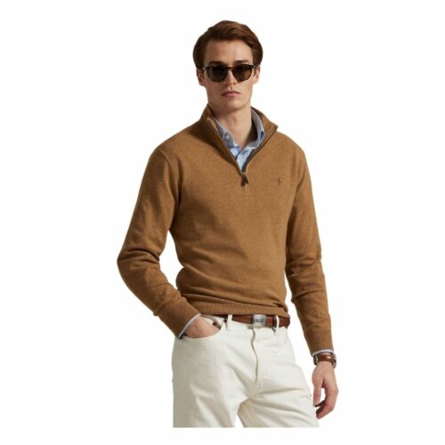 RALPH LAUREN Pull laine demi-zip camel