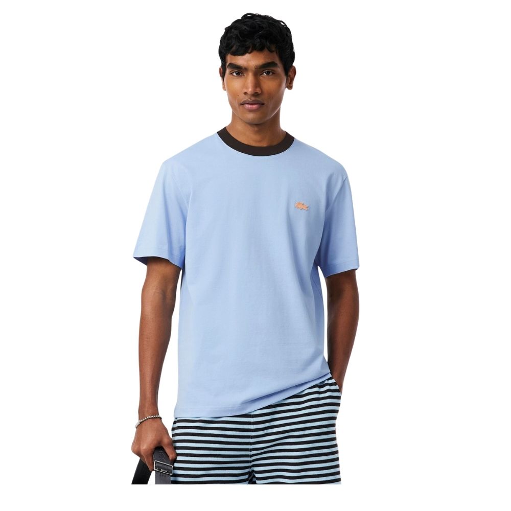 t-shirt Lacoste color-block bleu chambray jersey de coton crocodile en couleur brodé chez sport aventure à Orange