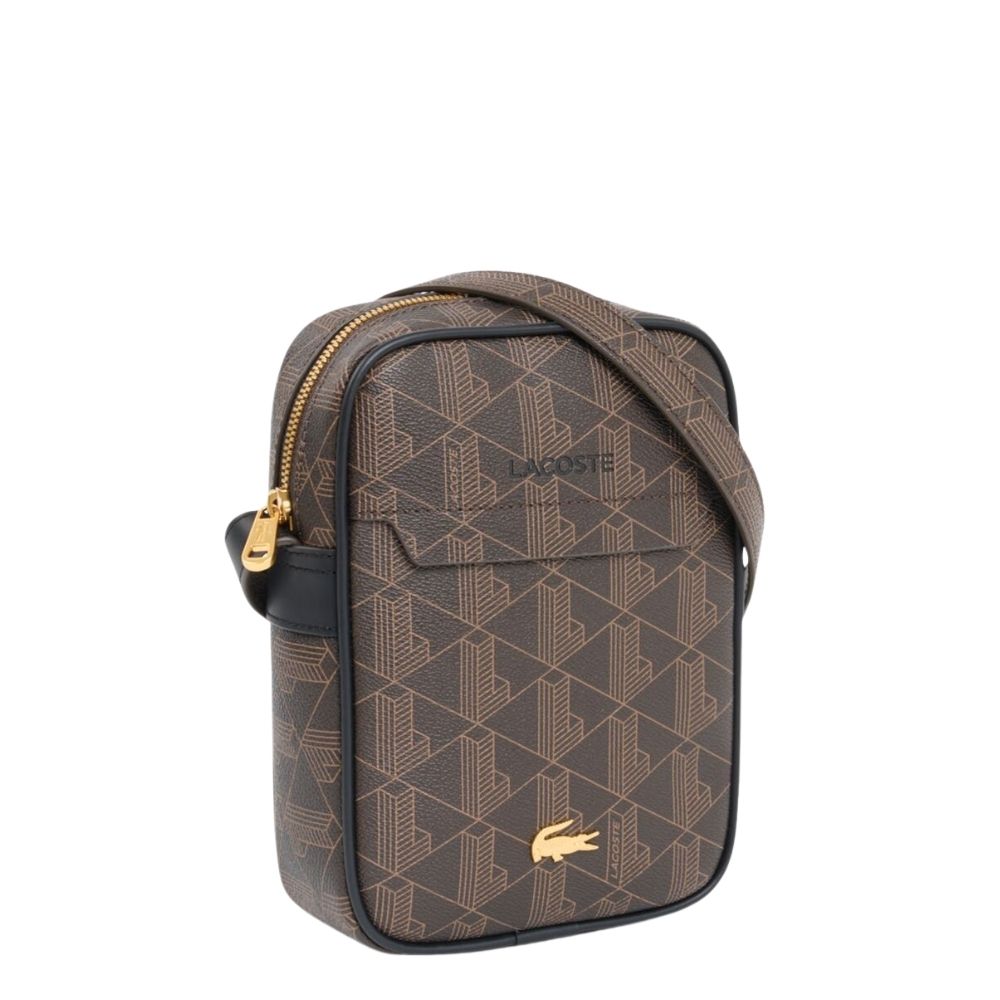 sacoche Lacoste monogramme brown croco doré vezrticale chez sport aventure à Orange