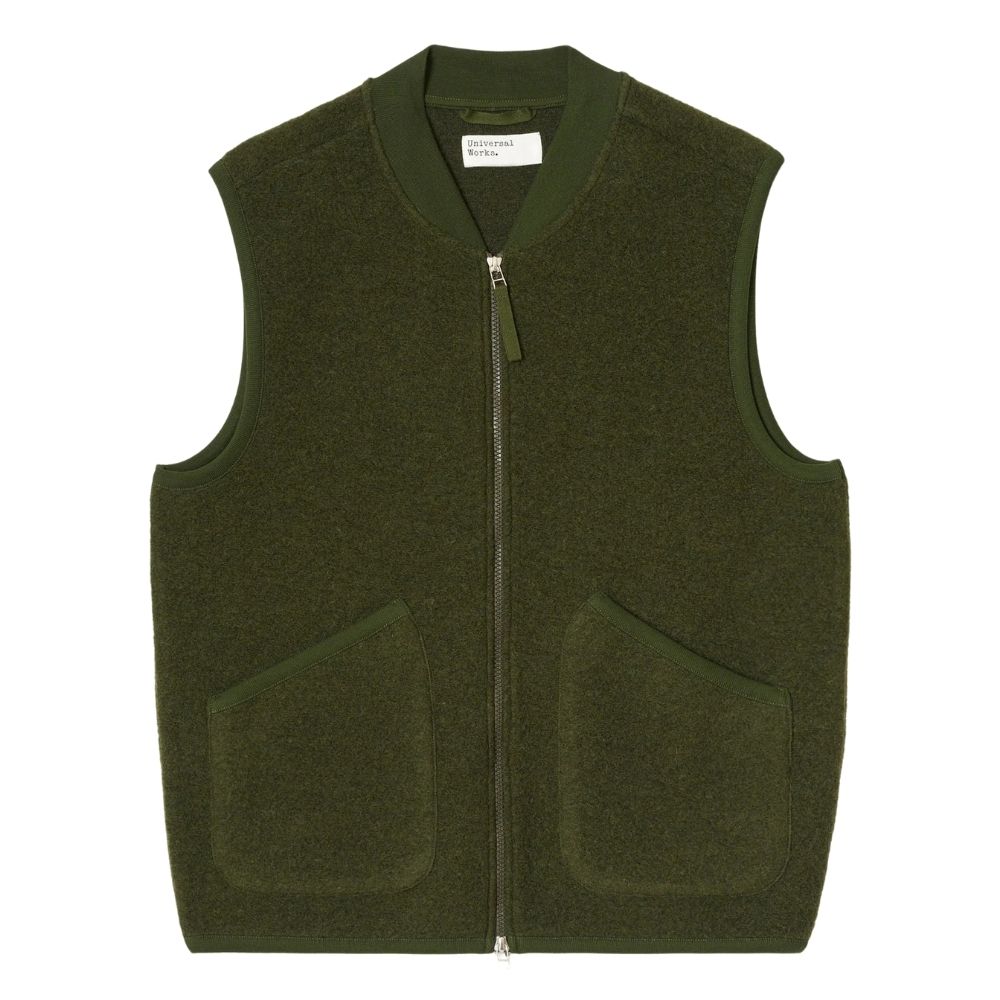 ZIP WAISCOAT universal works, gilet sans manches olive en laine chez sport aventure à Orange
