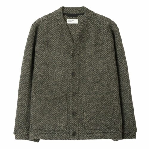 UNIVERSAL WORKS Cardigan Advance en polaire de laine à chevrons olive