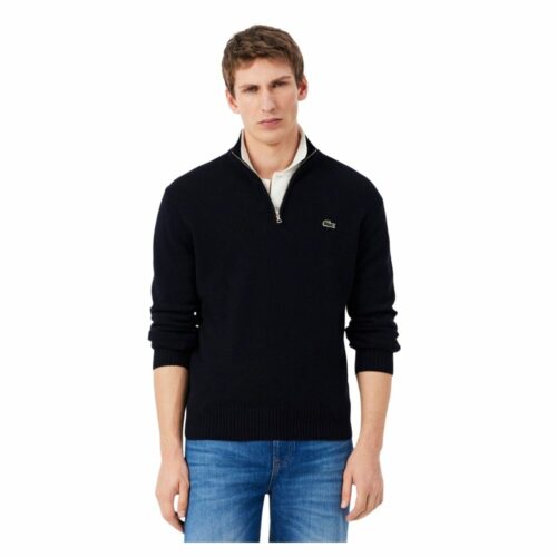LACOSTE Pull laine zippé col montant marine